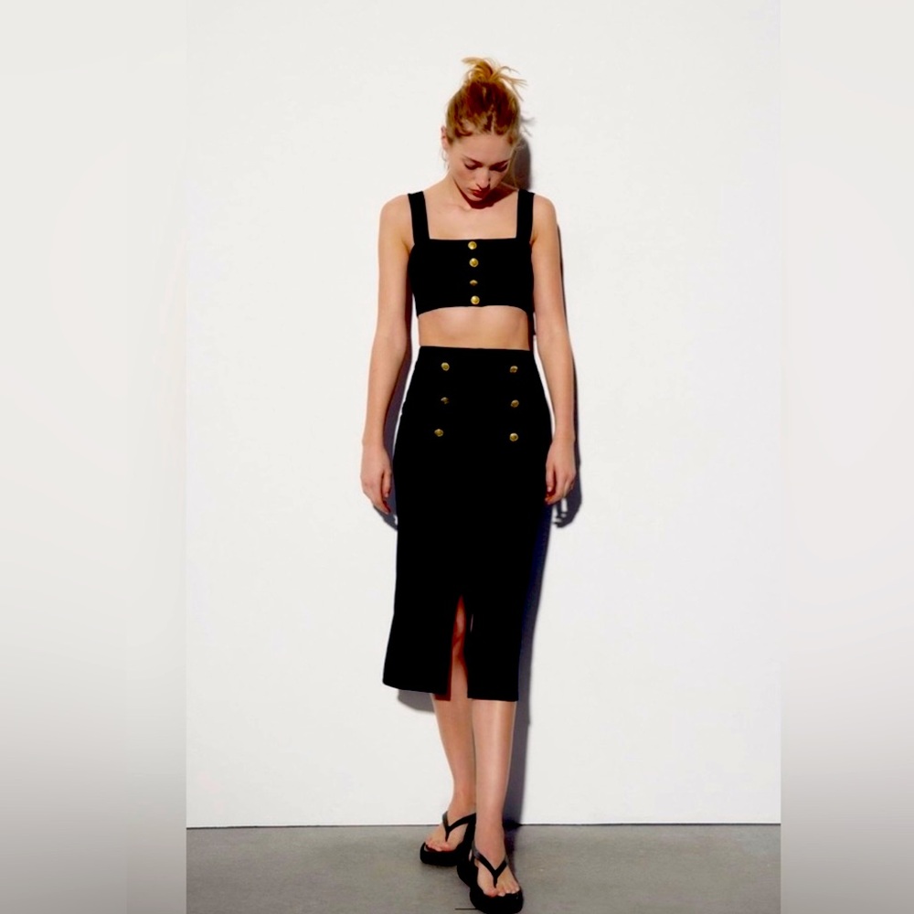 Zara Black Buttoned Ottoman Midi Skirt and Crop Top Set